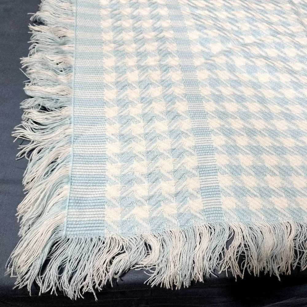 Vintage Knit Blanket Throw Baby Infant Blue White Boy Houndstooth Squares 48